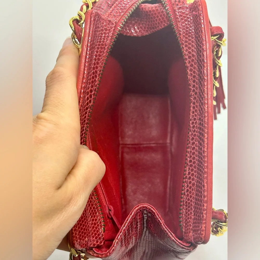 CHANEL Vintage Red Lizard Skin Hexagon Gold Chain Shoulder Bag